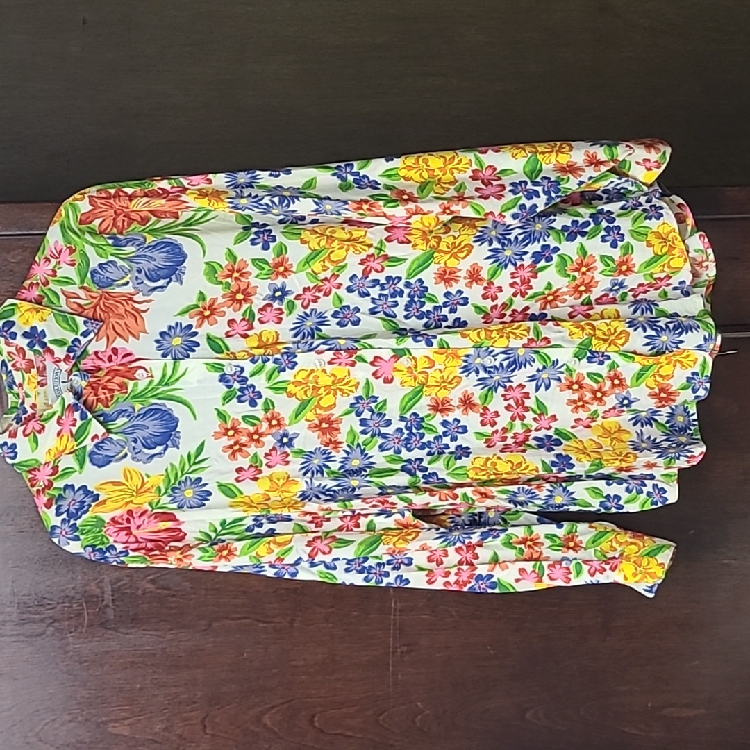 Vintage Rayon Bright Colorful Floral Print Button Down Shirt Sz M